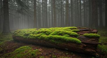 Mossy tree trunk in a serene foggy forest offering an authentic view into the natural beauty of the woods photo