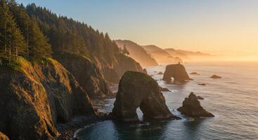 Golden sunset illuminates sea stacks and dramatic cliffs along the scenic Oregon coast offering a breathtaking natural vista photo