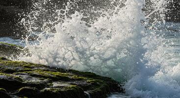 Ocean wave crashes against moss covered rocks creating powerful splash of sea water photo