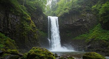 Majestic waterfall cascades down moss covered rocks surrounded by a vibrant forest creating a peaceful and scenic landscape photo