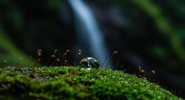 Magical macro view of waterfall reflected in water droplet on moss in a vibrant green forest photo