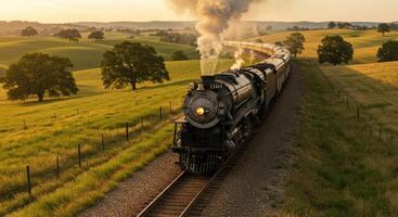 Nostalgic steam train travels through countryside landscape at golden hour evoking classic era rail travel photo