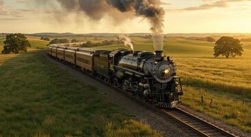 Vintage steam train traverses a golden field under a vibrant sunset sky evoking nostalgia photo