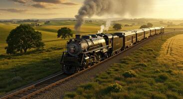 Vintage steam train gracefully traverses a picturesque landscape evoking timeless travel and the romantic allure of a bygone era photo