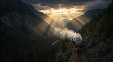 Spectacular steam train traverses a breathtaking mountain valley under radiant sunlight photo