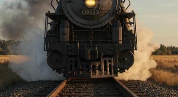 Dramatic view of a vintage steam train at dusk delivering goods on a historic railway network in the countryside photo