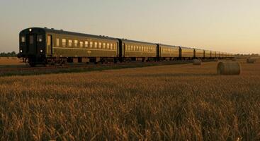Vintage train glides through golden wheat field at sunset offering a nostalgic scenic view of rural transportation and a bygone era photo