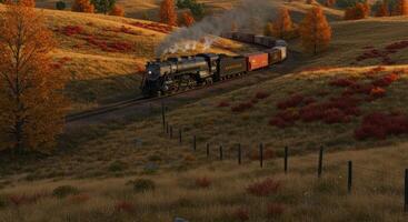 Vintage steam train journeys through golden autumn countryside evokes a sense of adventure and nostalgia photo