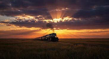 Majestic steam train journeys across vast golden plains illuminated by a breathtaking sunset photo