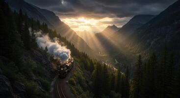 Majestic steam train traverses mountain valley under golden sunrays amid an enchanting wilderness scenery photo