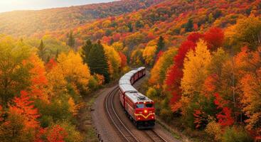 Autumn train journey winding through a forest with vibrant colorful trees and nature scenery photo