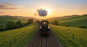 Vintage steam train travels through green fields at sunset a classic journey in scenic countryside landscape with sun photo