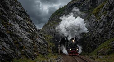 Historic steam train powerfully exiting from a dark tunnel in a breathtaking mountain pass photo