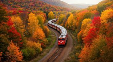 Spectacular train travels amidst vibrant autumn colors creating picturesque natural beauty during scenic expedition photo
