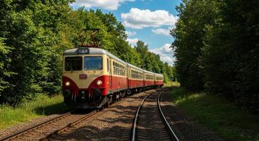 Scenic vintage train transports passengers through a lush green forest on a sunny day for sustainable eco friendly travel photo