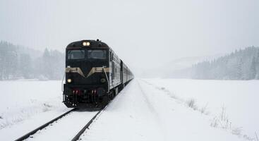 A black passenger train traverses a winter wonderland landscape through the snow and mountains delivering scenic cold weather travel photo