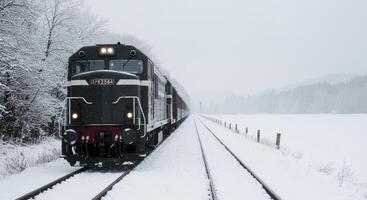 Train journeys through a scenic winter wonderland on a snowy railroad with a light showing at the end of the tunnel photo