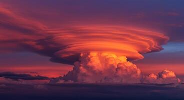 Majestic lenticular cloudscape glows in vibrant orange and pink hues creating a stunning display of atmospheric beauty at sunset photo