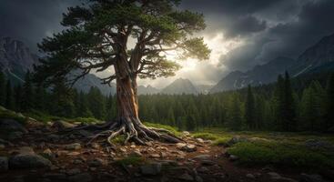 A majestic tree stands tall in a stunning mountain landscape with dramatic skies and lush green forest photo