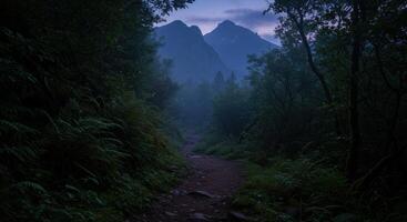 Misty mountain trail at twilight invites tranquil exploration of natures serene beauty and peaceful solitude photo