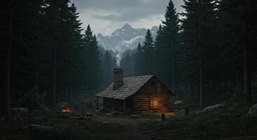 Secluded rustic cabin in a dense forest landscape with mountains under an overcast sky photo