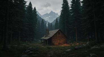 Remote log cabin nestled in a tranquil forest landscape with majestic mountains providing a peaceful escape photo