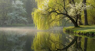 Tranquil lake reflecting weeping willow trees and flowering branches in a hazy spring morning landscape photo