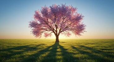 Beautiful pink blossom tree stands alone in a lush green field as the sun sets creating a scenic spring landscape photo