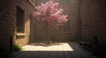 Serene city courtyard blooms with a pink cherry tree offering a tranquil escape amidst brick walls and sunny benches photo