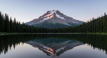 Majestic mountain reflects in still lake waters surrounded by lush forest offering a serene nature landscape photo