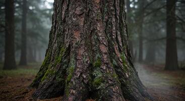 Mossy tree trunk stands firm in a mysterious foggy forest embodying natures resilience and timeless beauty photo