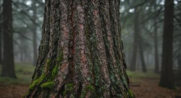 Misty forest scene featuring a textured tree trunk with moss creating a serene natural landscape photo
