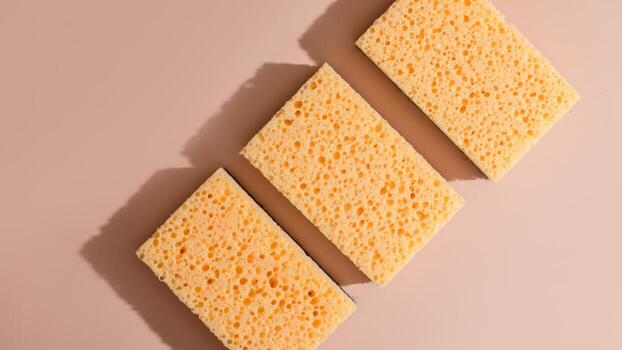 Three sunlit sponges align with geometric precision, evoking spring cleans whimsy, radiating Hygge warmth, and Fibonacci sequence harmony photo