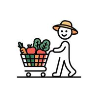 Happy Person Pushing Shopping Cart Filled with Red Apples Carrots and Greens vector