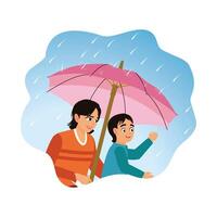 Mother and child with umbrella, playing in the rain. vector