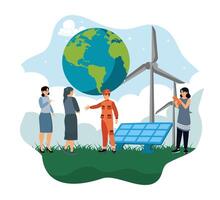 People collaborating on renewable energy with solar panels and wind turbines. vector