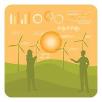 Engineers Experts Analyzing Wind Turbines and Virtual Data. vector