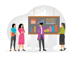 Marketing Management. Management Team Collaborates to Analyze Marketing Growth Charts and Graphs. vector