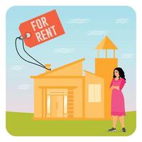 House for Rent. Woman Contemplating Renting a New Home with For Rent Tag. vector