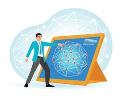 Artificial Intelligence. Student Analyzing a Network on a Large Digital Screen. vector