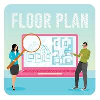 Real Estate Floor Plan. Team Analyzing Floor Plan on Laptop Display for Building Projects. vector
