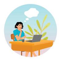 Creative Woman Thinking, Imagining or Creating Ideas at Workplace with Computer. vector