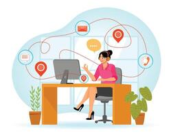Contact Us, Woman Sitting in front of the Computer and Answering with a Microphone. vector