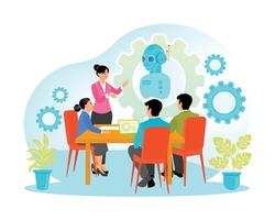 Machine Learning Study. Teacher Explains Humanoid and Artificial Intelligence Concepts in the Classroom. vector