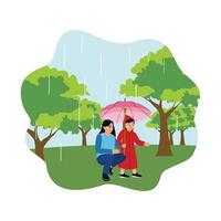 Mother and daughter walking in the rain under an umbrella. vector