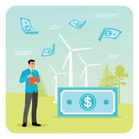 Benefits of Green Industry. Man Evaluating Renewable Energy Investment. vector