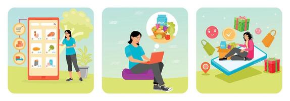 Woman shopping online with mobile app vector