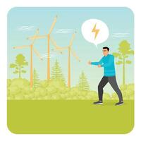 Man Supporting Renewable Energy with Wind Turbines in Nature Scene. vector