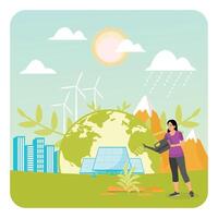 World Environment Day. Sustainable Energy Practices with Solar Panels and Wind Turbines. vector