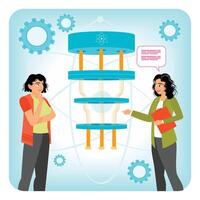 Quantum Computing. Two Women Discussing Quantum Computing with a Stylized Processor. vector